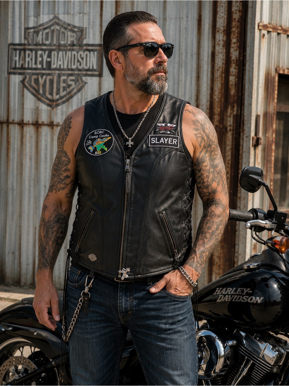 Harley Davidson‎ XL Leather Vest Genuine Cowhide Biker Club Patches Black